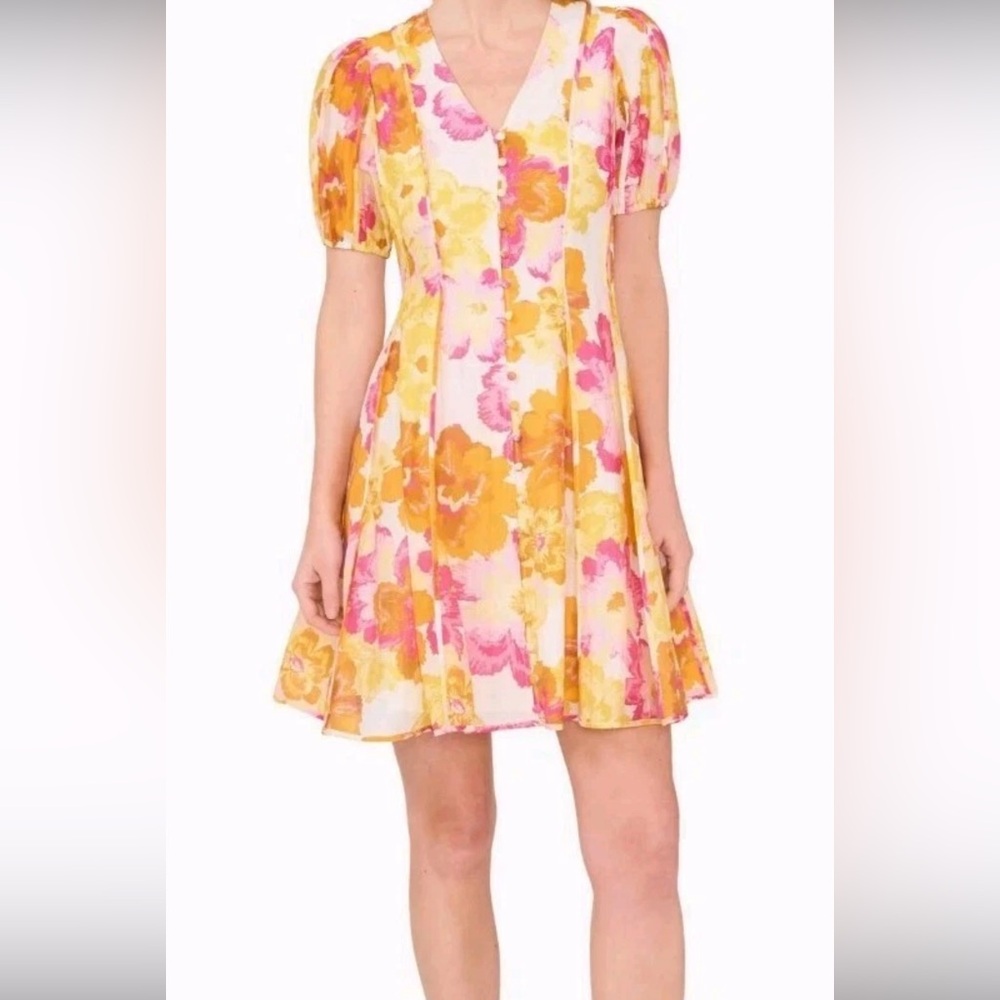Cece Floral V-Neck Slub Organdy Dress Size 16, MSRP $129